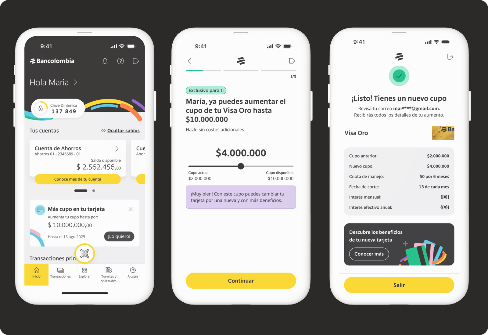 Bancolombia post-sales app screens