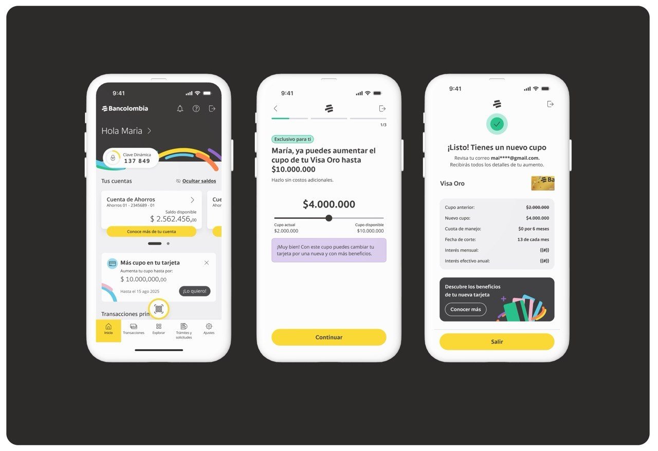 Bancolombia post-sales app screens